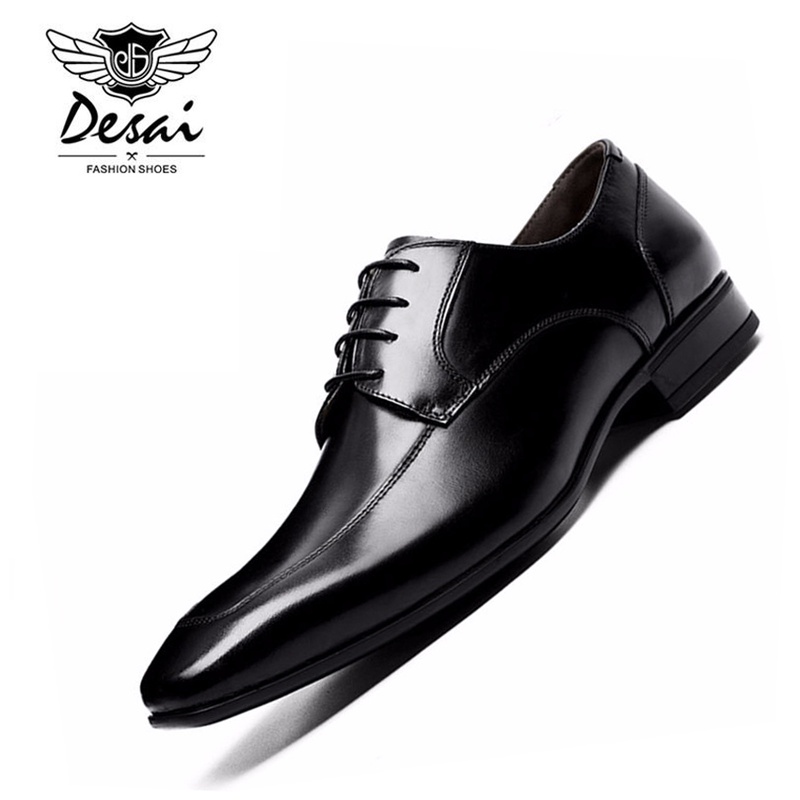 DESAI Brand Leather Men Shoes Pointed Toe Black Oxford Shoes For Men Business Lace Up Dress Shoes Genuine Leather Footwear