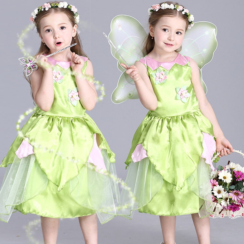 2017 New Tinkerbell princess Woodland Fairy Dress Cosplay Costume Girls Green Fairy Dress for 3-10Y kids (without wing)