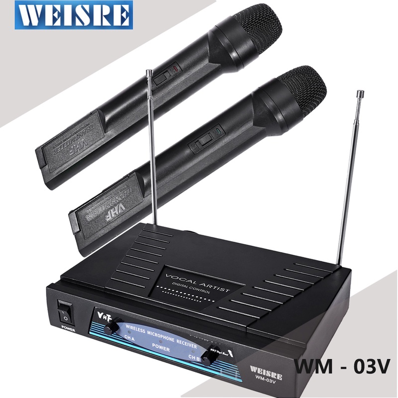 WEISRE WM 03V Professional Dual channel Karaoke Wireless Handheld VHF Transmitter Microphone Set For Party Bar Speech