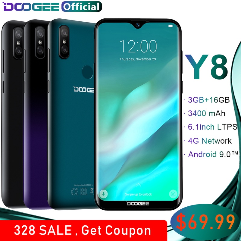 DOOGEE Y8 Android 9.0 FDD LTE 6.1inch 19:9 Waterdrop LTPS Screen Smartphone MTK6739 3GB RAM 16GB ROM 3400mAh Dual SIM 8.0MP