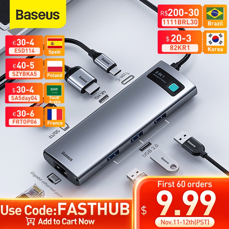 Baseus USB C HUB Type C to HDMI compatible USB 3.0 Adapter 8 in 1 Type C HUB Dock for MacBook Pro Air USB C Splitter|USB Hubs| - AliExpress