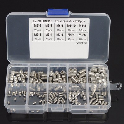200pcs 304 Stainless Steel Hex Socket Screw Assortment Kit M3 M4 M5 M6 M8 Set