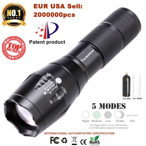 CREE T6 Tactical Military LED Flashlight Torch 50000LM Zoomable 5-Mode for 18650