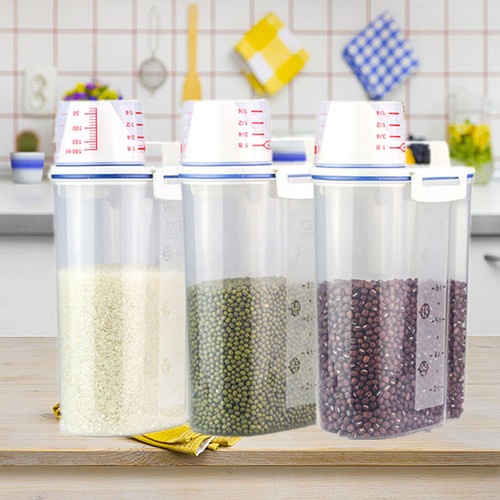 2KG Food Grain Cereals Bean Rice Storage Container PP With Measuring Cup M2 D4N8