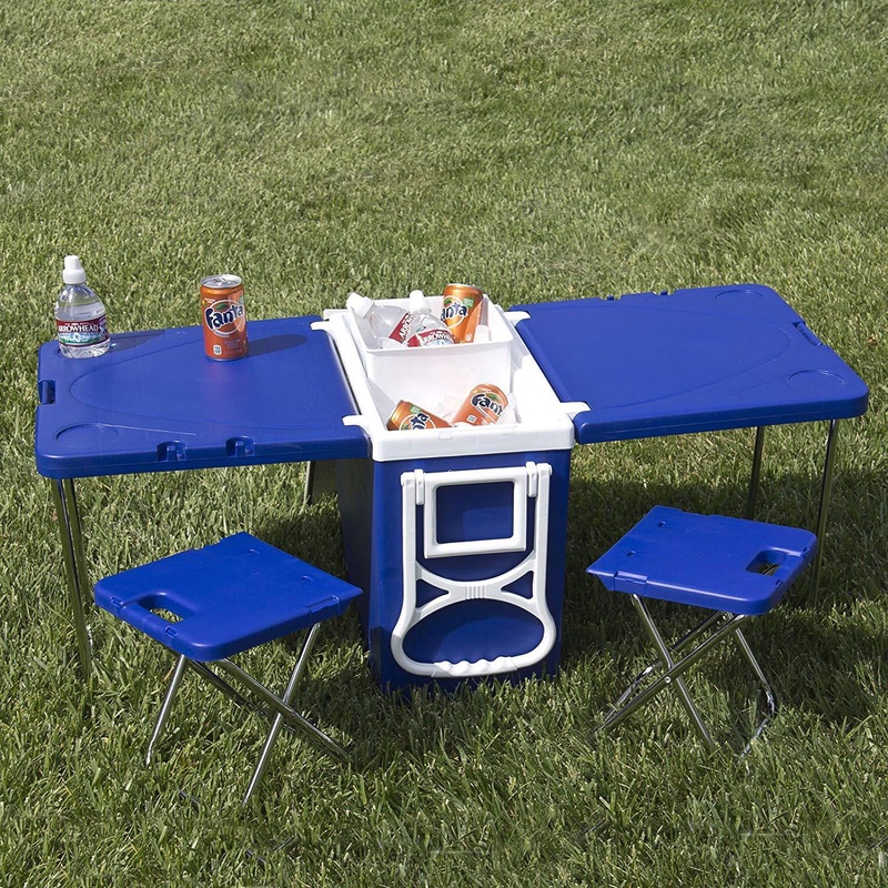 Rolling Cooler Ice Chest Portable Folding Picnic Table 2 Chairs Outdoor Camping