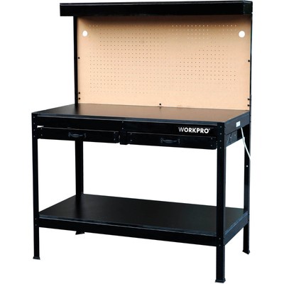 Work Bench Table Lighted Steel Garage Shop Workbench Tool Storage Shelf Cabinet