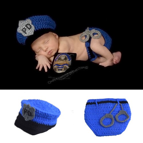 Kid Newborn Baby Crochet Knit Costume Photo Prop Outfits Police Gift