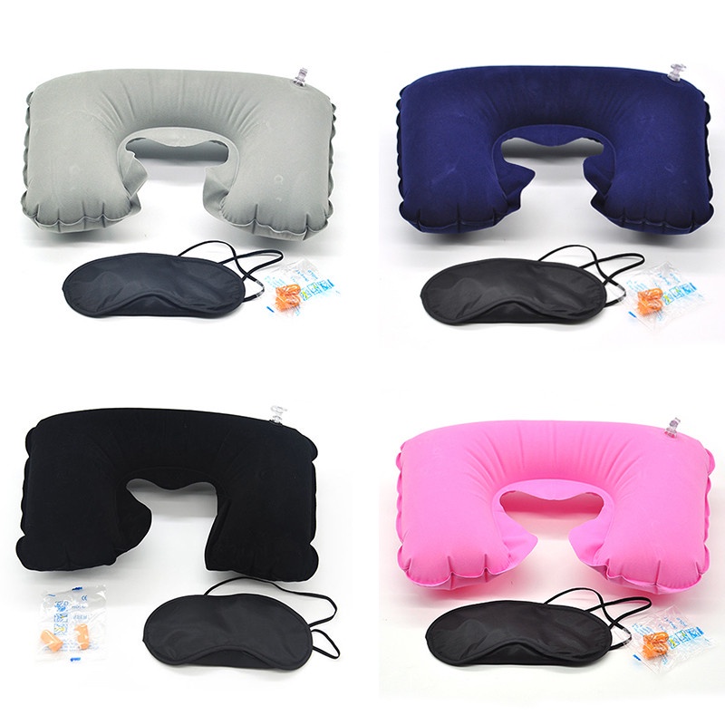 Set U-Shape Inflatable Useful Travel Set Pillow Eye Cover Earplugs Neck Rest