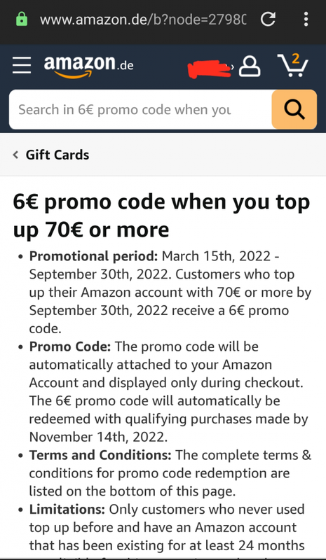 Amazon.de: 6€ promo code when you top up 70€ or more: Gift Cards