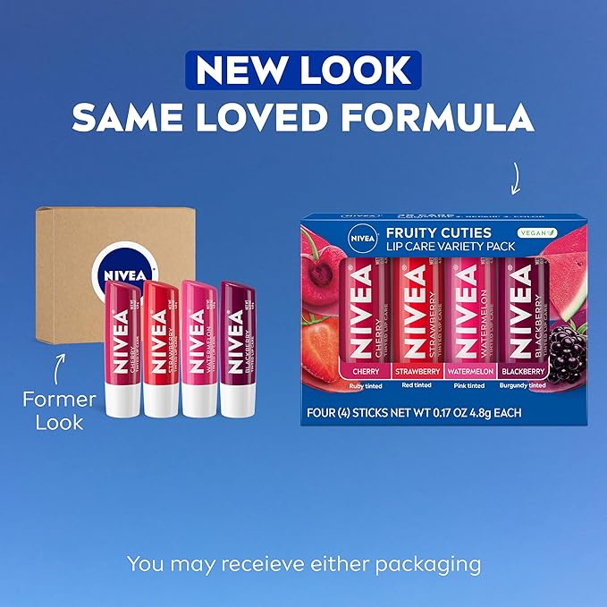 Amazon.com: NIVEA Lip Care, Fruity Tinted Lip Balm Variety Pack, Includes Cherry, Strawberry, Blackberry and Watermelon Scents, 0.17 Oz, Pack of 4