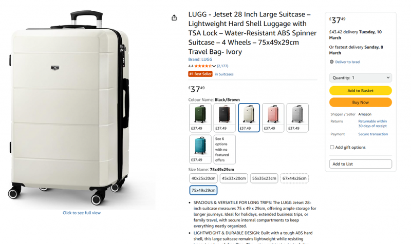 LUGG - Jetset 28 Inch Large Suitcase – Lightweight Hard Shell Luggage with TSA Lock – Water-Resistant ABS Spinner Suitcase – 4 Wheels – 75x49x29cm Travel Bag- Ivory : Amazon.co.uk: Fashion