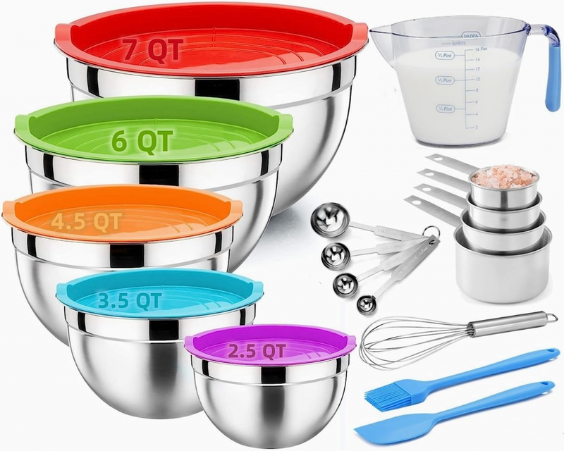 Amazon.com: Mixing Bowls with Airtight Lids, 23PCS Large Stainless Steel Mixing Bowl Set & 400ML Measuring Cups & Baking Tools, Kitchen Utensils Metal Nesting Bowl 7/6/4.5/3.5/2.5QT for Prepping Cooking Serving: Home & Kitchen