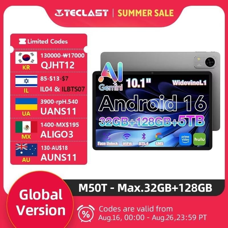 Teclast M50T Tablet 10.1" HD Screen AllWinner A537 4GB RAM+28GB Virtual 128GB ROM 7000mAh Battery WiFi Android 16 Global Version