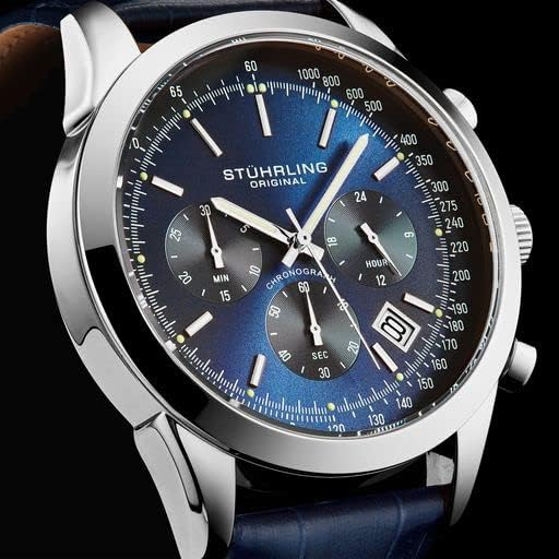 Amazon.com: Stuhrling Mens Rialto Chronograph Watch Blue Dial with Date Tachymeter 24 Hour Subdial Leather Strap : Clothing, Shoes & Jewelry