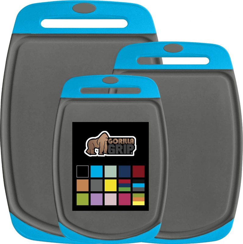 Amazon.com: The Original Gorilla Grip Oversized 100% BPA Free Reversible Durable Kitchen Cutting Board Set of 3, Dishwasher Safe, Nonslip Handle Border Plastic Boards, Juice Grooves, Chop Food, Cooking, Aqua Gray: Home & Kitchen