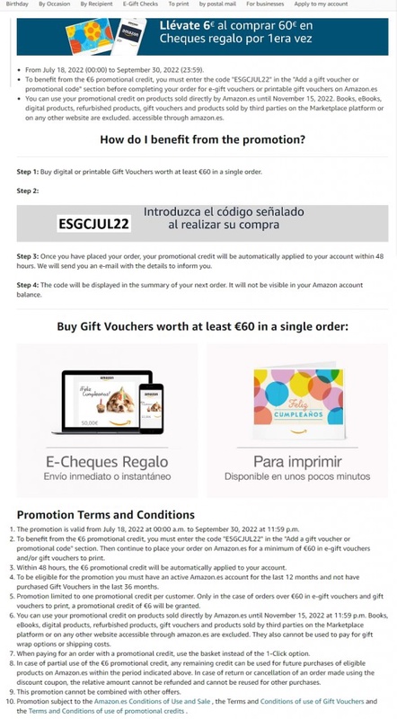 Amazon.es: Llévate 6€ al recargar tu cuenta con 60€: Cheques regalo