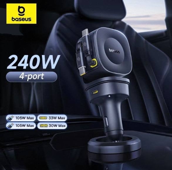 Baseus 240W Car Charger 4 Ports Built in Retractable Cable Fast Charging USB Type-C Car Phone Charger For Samsung iPhone Xiaomi