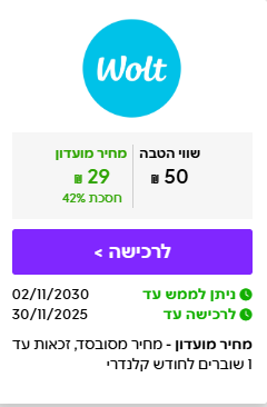 ISRACARDTOP | שובר בשווי ₪50 ב-WOLT במחיר מיוחד לחברי המועדון