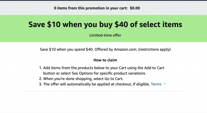 Amazon.com Save $10 when you buy $40 of select items promotion