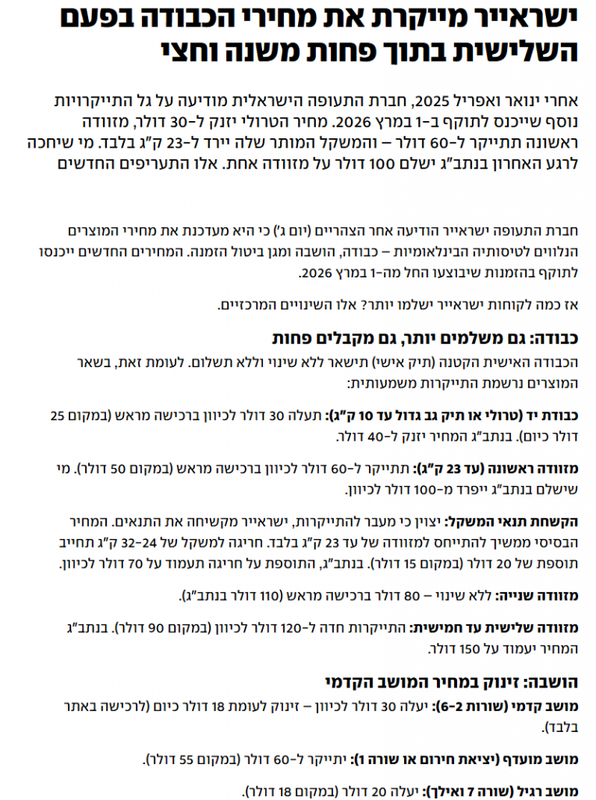 ישראייר מייקרת את מחירי הכבודה בפעם השלישית בתוך פחות משנה וחצי