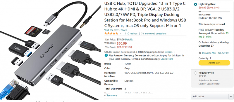 Amazon.com: USB C Hub, TOTU Upgraded 13 in 1 Type C Hub to 4K HDMI & DP, VGA, 2 USB3.0/2 USB2.0/75W PD, Triple Display Docking Station for MacBook Pro and Windows USB C Systems, macOS only Support Mirror 1 : Electronics