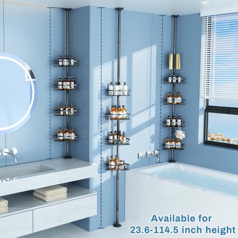 Amazon.com: cutefafa Rustproof Corner Shower Caddy Freestanding Tension Pole, 4 Large Baskets for Bathtub Shampoo Storage Organizer Bathroom Height Adjustable Shelves from 23.6 to 114.5 Inch with Towel Bar : Home & Kitchen