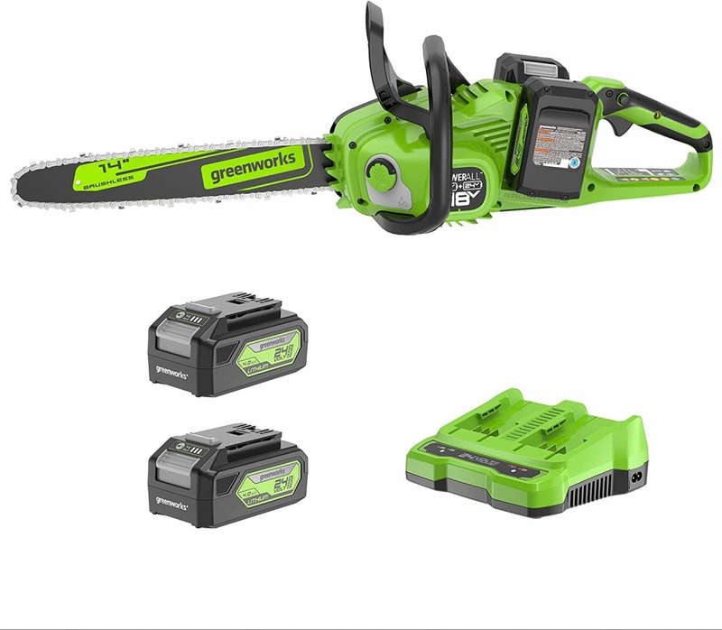 Amazon.co.jp: Greenworks 2 x 24 V Rechargeable Chainsaw Guide Bar 14.2 inches (356 mm) Cordless Brushless Motor with 2 4 Ah Batteries (USB Included, Can be Used as Power Bank), Charger Included, For Harving, Firewood Making, Pruning, Branching : DIY, Tools & Garden