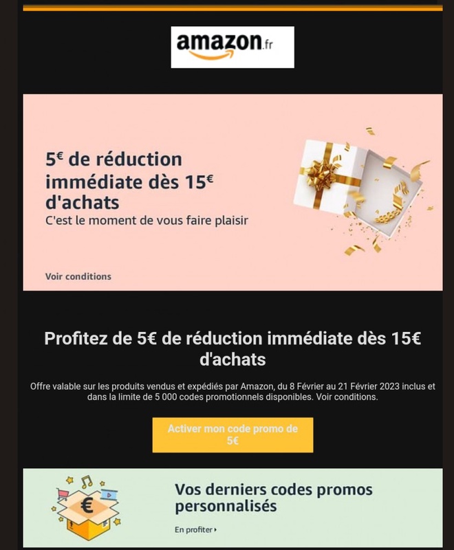 Amazon.fr : 5 € de remise pour 15€ min d’achat