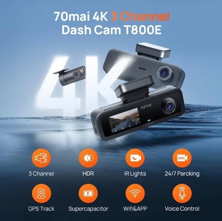 70mai T800E 3-Channel 4K Dash Cam with GPS