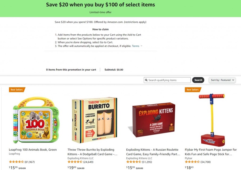 Amazon.com Save $20 when you buy $100 of select items promotion