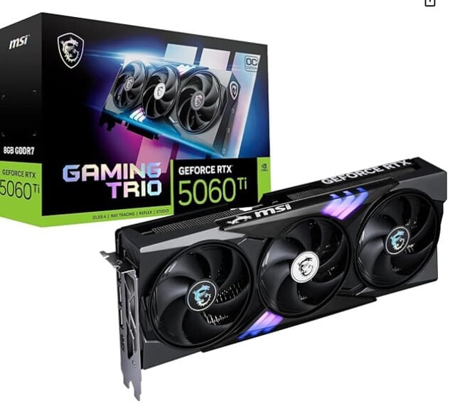 MSI GeForce RTX 5060 Ti 8G GAMING TRIO OC Graphics Card - RTX 5060 Ti GPU, 8GB GDDR7 (28Gbps/128-bit), PCIe 5.0 - TRI FROZR 4 (3 x STORMFORCE FAN) - RGB - HDMI 2.1b, DisplayPort 2.1b : Amazon.co.uk: Computers & Accessories