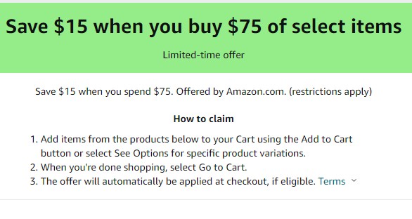 Amazon.com Save $15 when you buy $75 of select items promotion