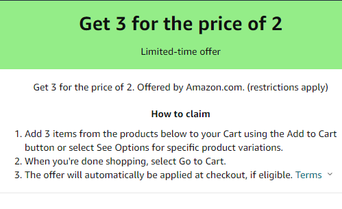Amazon.com Get 3 for the price of 2 promotion