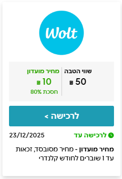 ISRACARD GIFT | שובר בשווי ₪50 ב-WOLT במחיר מיוחד לחברי המועדון