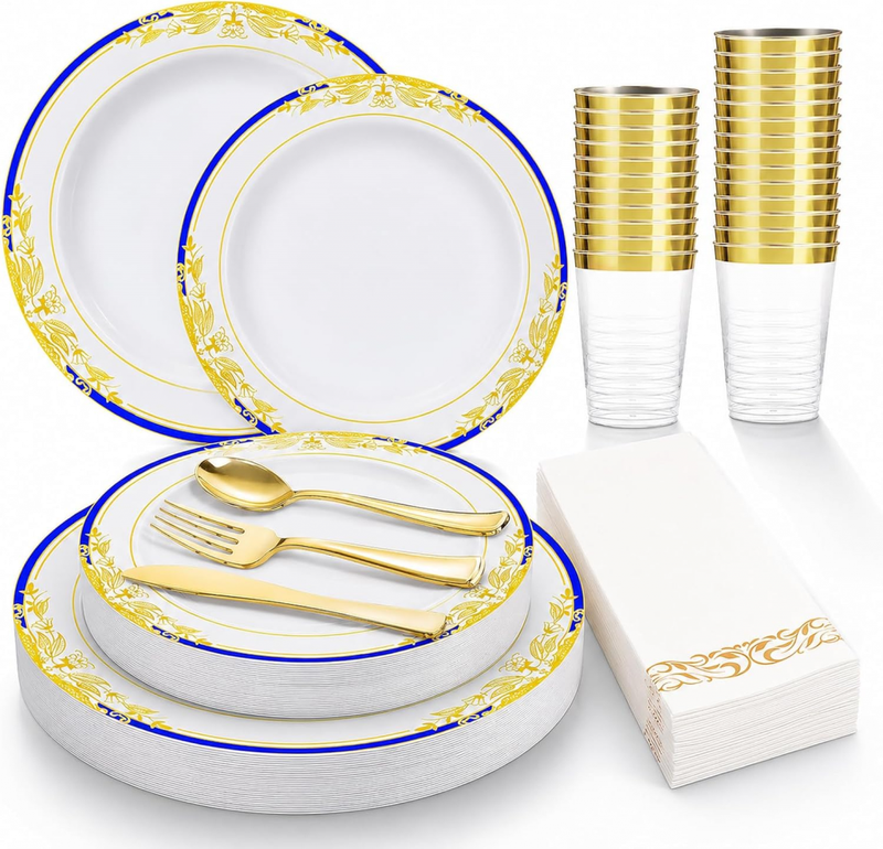 Amazon.com: Gold Disposable Plastic Plates, Heavy Duty Disposable Dinner Ware Set. | Disposable Gold Plates Dinnerware for 25 Gueats,25* Gold 10.5"Dinner Plates,25* 7.5"Dessert Plate with Flower Rim Design. : Health & Household