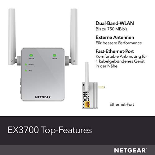 Netgear EX3700 WLAN Repeater Dual Band AC750 (WiFi-Signal-Verstärker & Booster, Abdeckung von 2 bis 3 Räumen & 15 Geräten, Geschwindigkeit bis zu 750 MBit/s, EX3700-100PES)