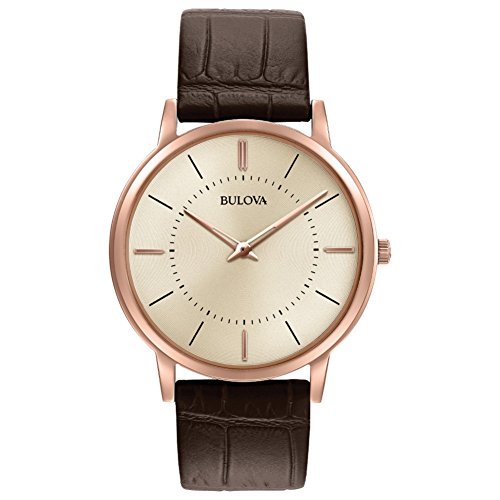 Bulova Men's Designer Watch Leather Strap - Brown Rose Gold Ultra Slim Wrist Watch 97A126