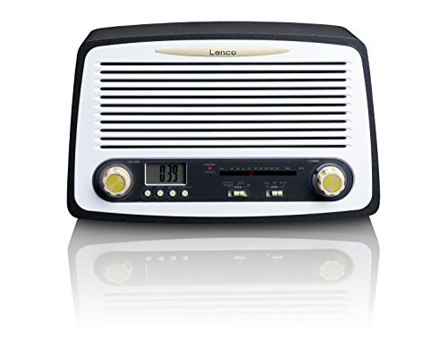 Lenco Retro-Radio SR-02 Vintage Stereo mit UKW Tuner, LCD-Display und Weckfunktion (Holzgehäuse, AUX), schwarz / weiß