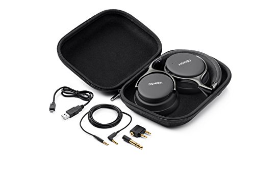 Denon AH- GC20 globe cruiser noise cancelling travel headphones 40 mm drivers, bluetooth, mic audio/charger cable, airplane adapter, transport box black/silver