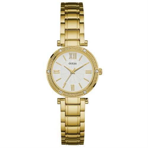 Guess Women's Quartz Watch with Silver Dial Analogue Display and Gold Stainless Steel Bracelet W0767L2