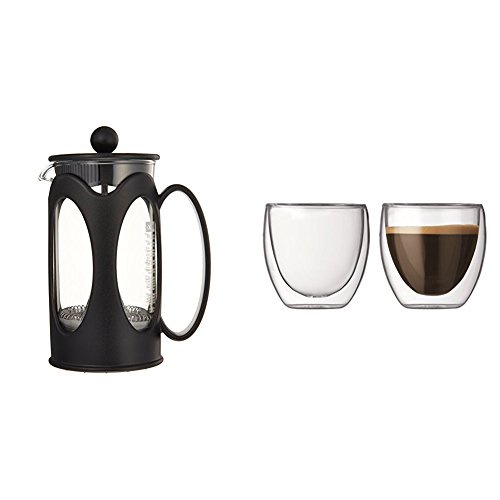 Bodum - 10682-01 - Kenya - Cafetière à Piston 3 Tasses - 0,35 L - Noir + Set de 2 Verres Pavina 8cl