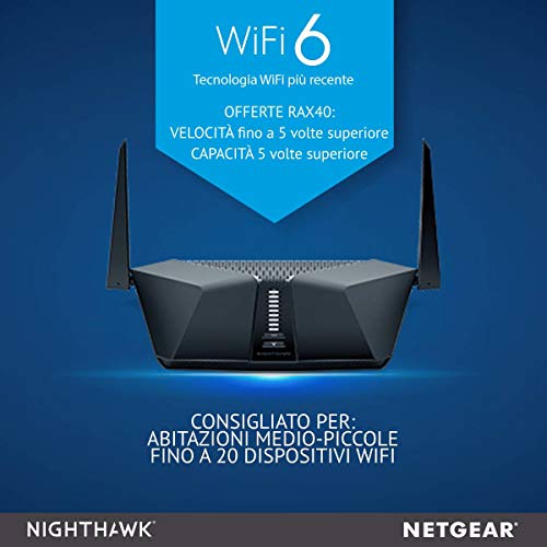 Netgear RAX40 Nighthawk AX4 4-Stream Router WiFi 6 con Velocità Wireless AX3000 fino a 3 Gbps, copertura per Abitazioni Medio-Piccole, 4 Porte Ethernet 1G e 1 Porta USB 3.0
