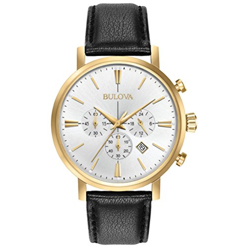 Bulova Men's Designer Chronograph Watch Leather Strap - Gold Classic Aerojet 97B155
