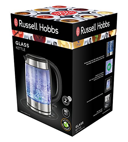Russell Hobbs 21600-57 Wasserkocher Glass, 2200 Watt, 1.7l, 1-Tassen-Option, blaue Beleuchtung, Glas/Edelstahl