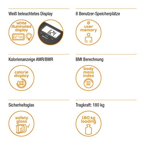 Beurer BF 600 - Bascula digital de vidrio, 180 kg /100 gr, diagnostica con IMC, Bluetooth, LCD, 4 electrodos, con App en español, color antracita