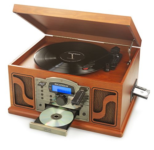 Ricatech RMC250 Deluxe 7 in 1 Music Centre con Funzione di Registrazione | Compatibilità Bluetooth, Giradischi con 3 Velocità e Altoparlanti Stereo Incorporati, Lettore di CD e Cassette, Radio AM/FM e Line-In Entrata per Dispositivi Audio Esterni