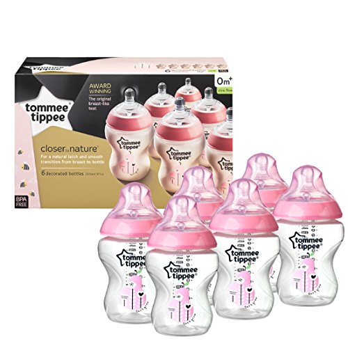 Tommee Tippee Closer to Nature 260ml/9oz Decorated Bottles (Pink) x 6