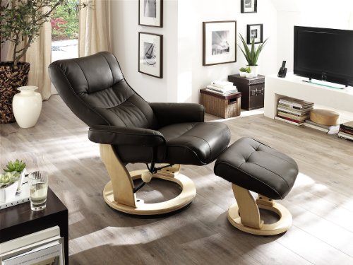 Robas Lund 64022SH5 Relaxsessel Montreal mit Hocker, Bezug: Leder schwarz, Gestell: Honigfarben, 82 x 84-132 x 105 cm