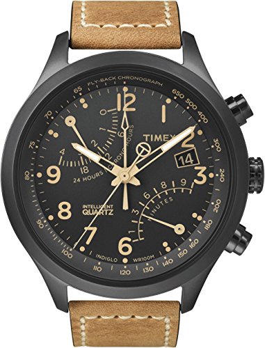 Timex Men's T2N700 Intelligent Quartz Watch with Black Dial Fly-Back Chronograph Display and Beige Leather Strap