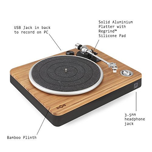 House of Marley Stir It Up Record Player – Vinyl Turntable, Stereo Pre-Amp, USB Port, Record LP to PC, 33 + 45 RPM, Anti-Skating, RCA Audio Out to 3.5mm Cable, Dust Cover Included – Bamboo / Black